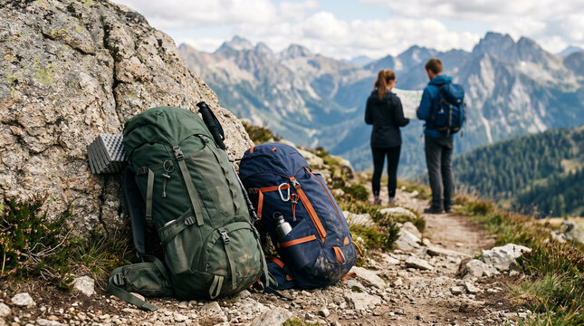 Hikers with Backpacks on Mountain Trail, Reading Map with Scenic Landscape