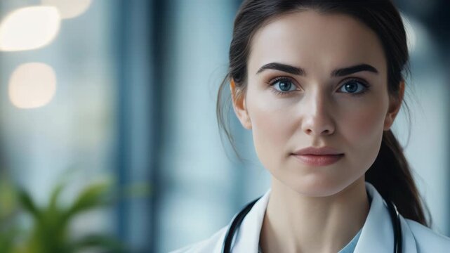 A young woman wearing a white lab coat with her hair pulled back, staring into the distance with a concerned expression. She is set against a blurred background of an office or hospital room.