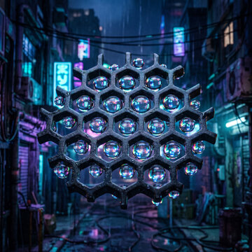 Cyberpunk Hexagonal Structure with Water Droplets in Neon Alley