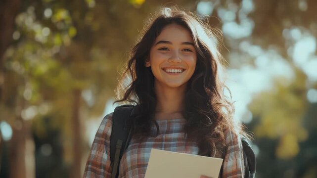 Smiling young woman holding a piece of paper that represents good news or accomplishment. She is wearing a plaid shirt and seems to be outdoors in daylight.