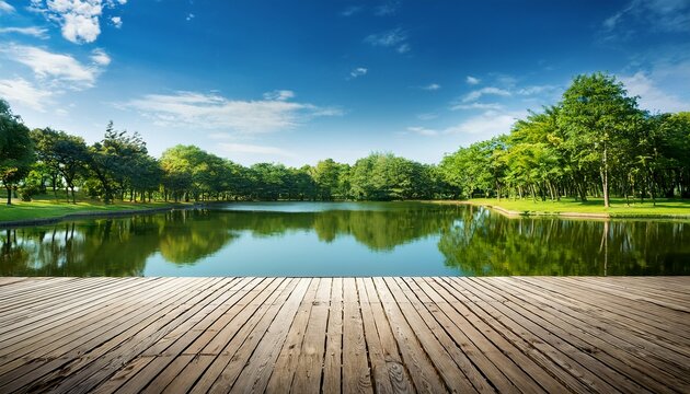 Tranquil Park Landscape With A Wooden Floor Green Trees And A Reflective Lake Under A Blue Sky
