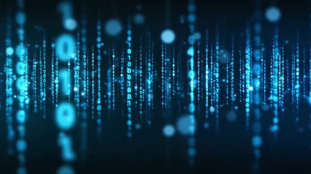 Abstract blue bokeh binary code data rain background.