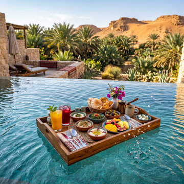 Floating Breakfast Tray in Infinity Pool, Oasis Resort, Middle Eastern Desert Landscape