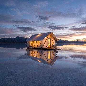 Luxury Glamping Tent on Salt Flat at Sunset, Reflection in Water