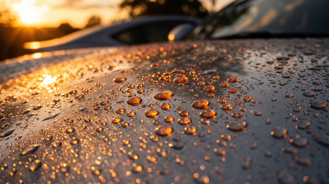 Golden Hour Reflections: Water Droplets on Car Hood, Sunset Light