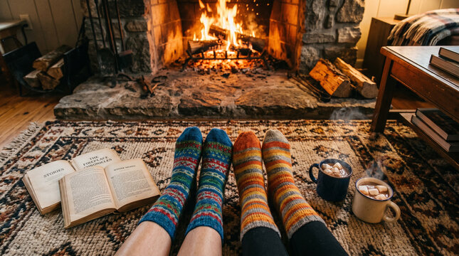 Cozy Winter Evening: Feet in Warm Socks by Fireplace with Hot Chocolate and Books