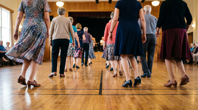 Senior citizens dancing in a line on a wooden floor, enjoying social activity.