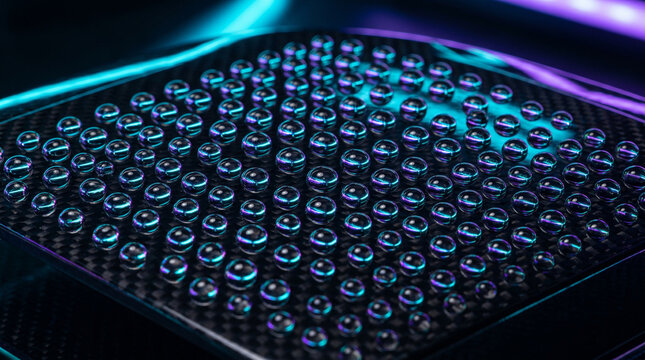 Abstract Carbon Fiber Surface with Water Droplets and Neon Light Reflections