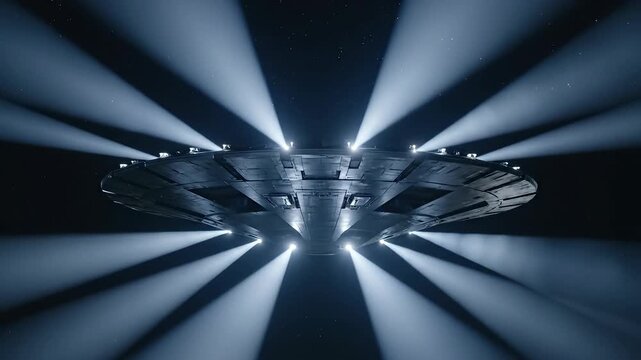 Alien UFO hovering with powerful searchlight beams in night sky. Perfect for sci-fi themes, extraterrestrial encounter visuals, mystery content, and cinematic storytelling showcasing alien technology