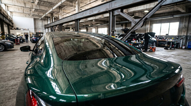 Shiny dark green car interior detail in industrial workshop garage