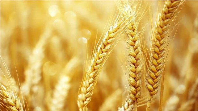 Close-up shot of wheat kernels in a field with sunlight filtering through.