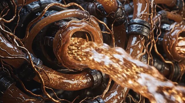Intricate organic alien spaceship interior with flowing golden tubes and biological machinery. Perfect for sci-fi concepts, advanced technology, extraterrestrial power sources