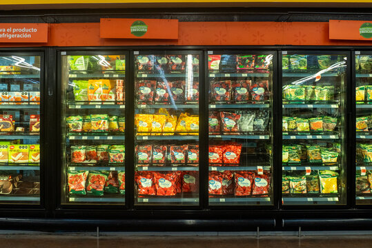 Villa de Alvarez, Colima. Mexico. June 14, 2026: Refrigerators with fruit packages of different brands in supermarket