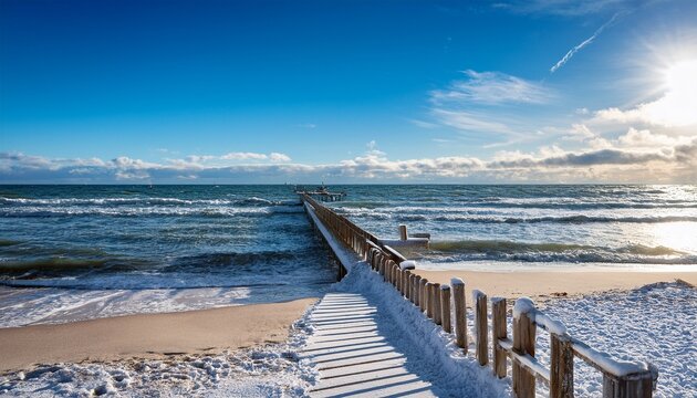 Sonniger Wintertag Am Meer Strandzugang Und Alter Steg An Der Ostsee