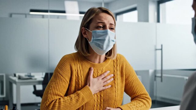 Woman with face mask clutching chest from pain or breathing difficulty in an office