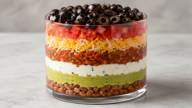 A Transparent Glass Vessel Showcases Seven Distinct Culinary Layers In A Contemporary Gourmet Presentation
