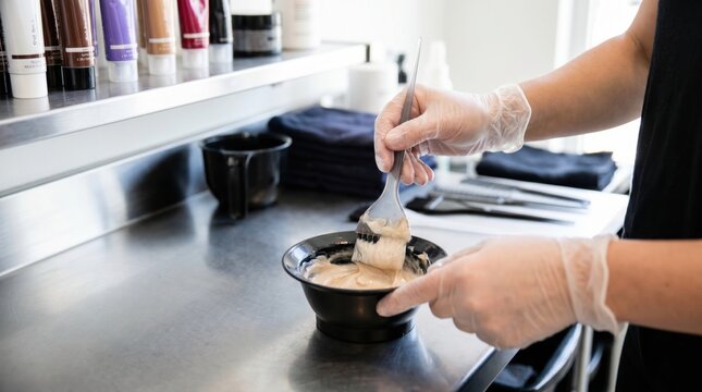 Hairdresser wearing gloves mixing hair dye in a black bowl with a tint brush
