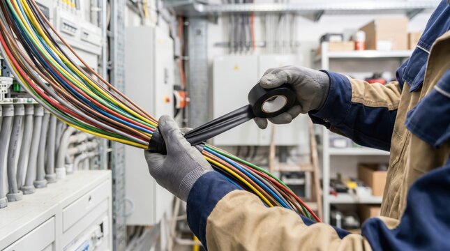 Electrician wearing gloves wrapping colorful electrical wires with black insulation tape