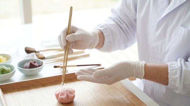 Pastry artisan using wooden tweezers to place silver leaf on a pink floral wagashi sweet
