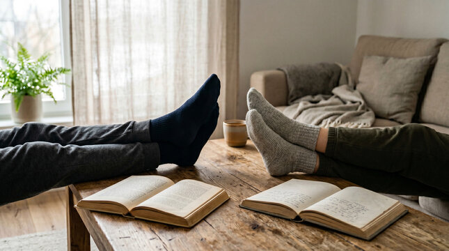 Cozy Couple Relaxing Indoors with Books and Coffee Table