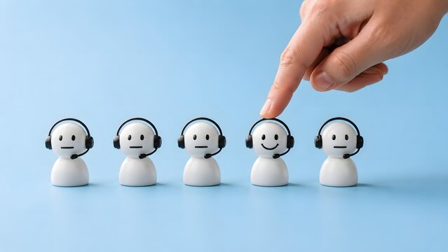 Hand selecting a happy customer service representative among neutral ones on a blue background concept of choosing the best employee, customer satisfaction, and human resources management