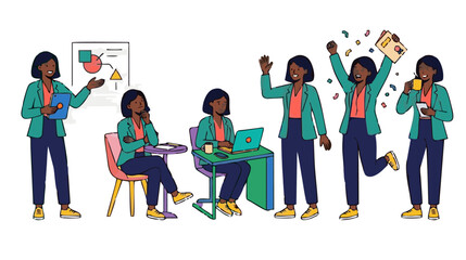 Obraz premium A character design sheet of a modern professional woman