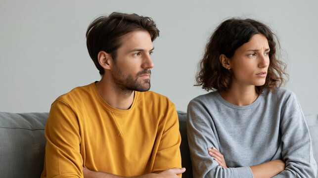 Frustrated couple avoiding eye contact during a relationship conflict, emotional tension and divorce psychology concept, with copy space