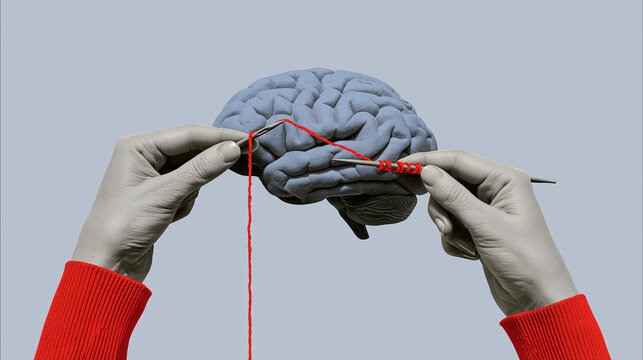 Contemporary art collage of human hands knitting a brain, growing psychological and emotional stability concept, inner world and mental health art, with copy space