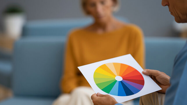 Psychologist holding a colorful emotion wheel chart during a patient session, emotional intelligence assessment concept, defocused background, with copy space