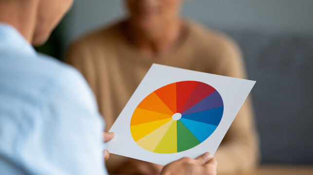 Psychologist holding a colorful emotion wheel chart during a patient session, emotional intelligence assessment concept, defocused background, with copy space