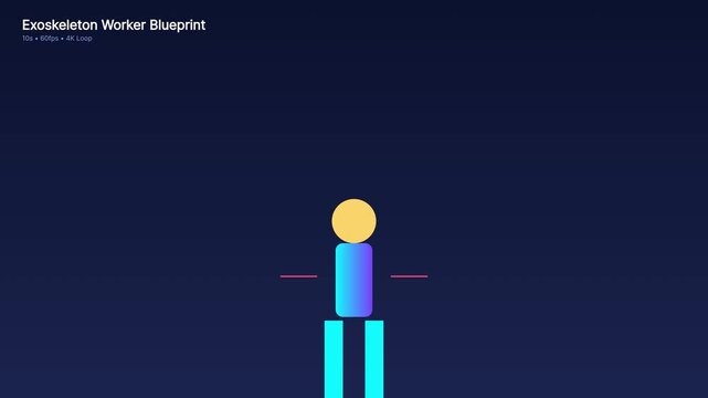 Minimalist exoskeleton worker blueprint animation, futuristic humanoid robot concept, industrial automation motion 4 k loop