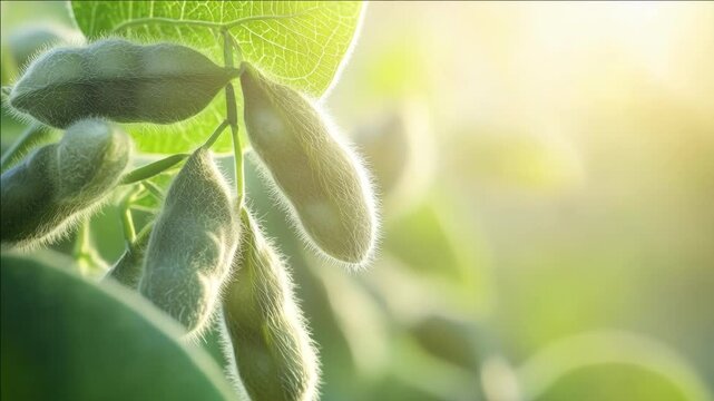Close-up of sunlit seeds growing from green plant in field with bright sunlight filter and bokeh effect