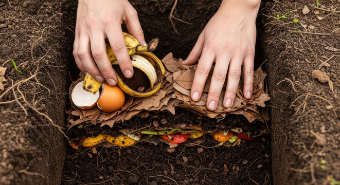 Hands carefully layer organic kitchen waste and dried leaves into a deep garden soil pit to create nutrient-rich compost.