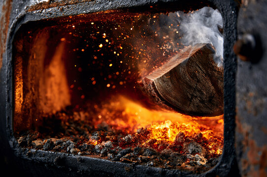 Splitting post oak wood into a glowing offset smoker firebox