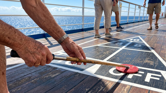 Elderly couple playing shuffleboard on cruise ship deck with ocean background