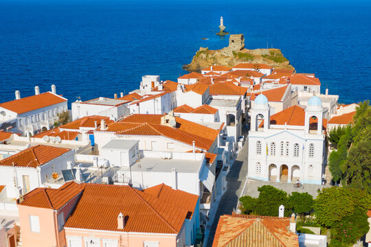 View of Chora town on the beautiful Andros island in Cyclades, Greece, Europe