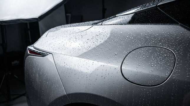 Close-up of a modern car's rear quarter panel covered in raindrops during a studio shoot.