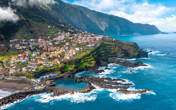 Aerial view of Madeira island. Land meets ocean in Seixal, Madeira, Portugal
