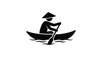 Silhouette Of Boat With Rower And Traditional Hat On White Background © Soniya