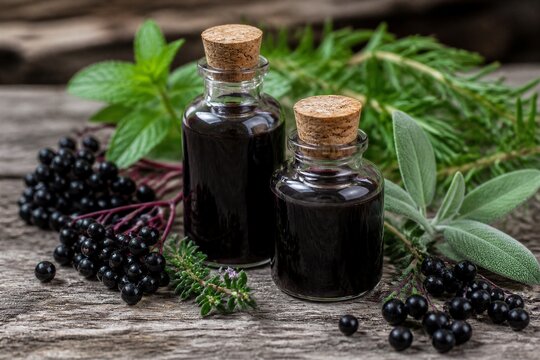 Bottles of elderberry syrup resting among fresh herbs on wood
