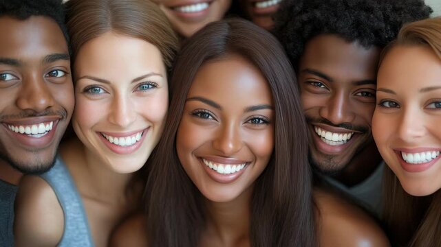 A diverse group of people smiling together, forming a layered collage.