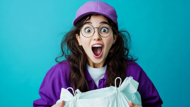 A young female delivery person reacting with surprise.
