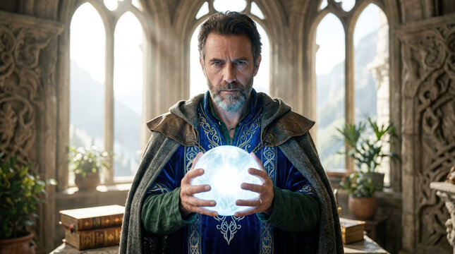 Portrait of a mature male wizard holding a glowing blue magic orb. Sorcerer in a blue robe casting a spell in a stone room with gothic windows