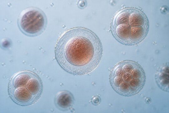 Cell embryos dividing suspended in clear fluid environment