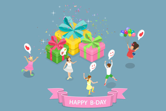 3D Isometric Flat Vector Illustration of Kids Birthday Party, Happy Children