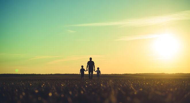 Father and two sons walking in field at sunset