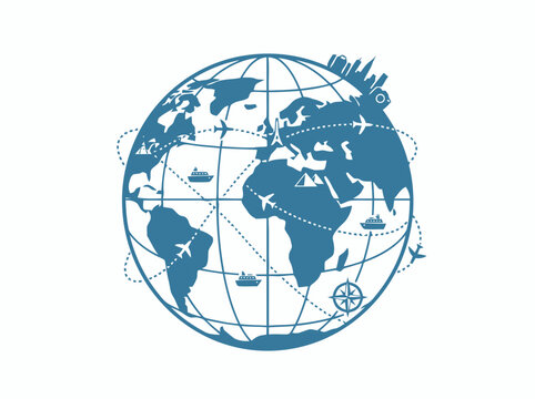 Global Travel and Transportation Network - World Globe with Airplanes and Ships