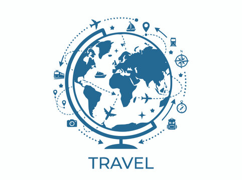 Global Travel and Transportation Icons Orbiting a Stylized Earth Globe
