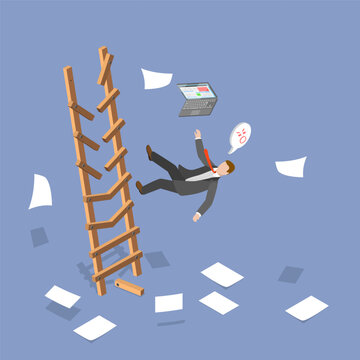 3D Isometric Flat Vector Illustration of Broken Career, Downfall While Climbing Corporate Ladder