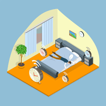 3D Isometric Flat Vector Illustration of Lazy Morning, Man Struggling With Fatigue And Laziness